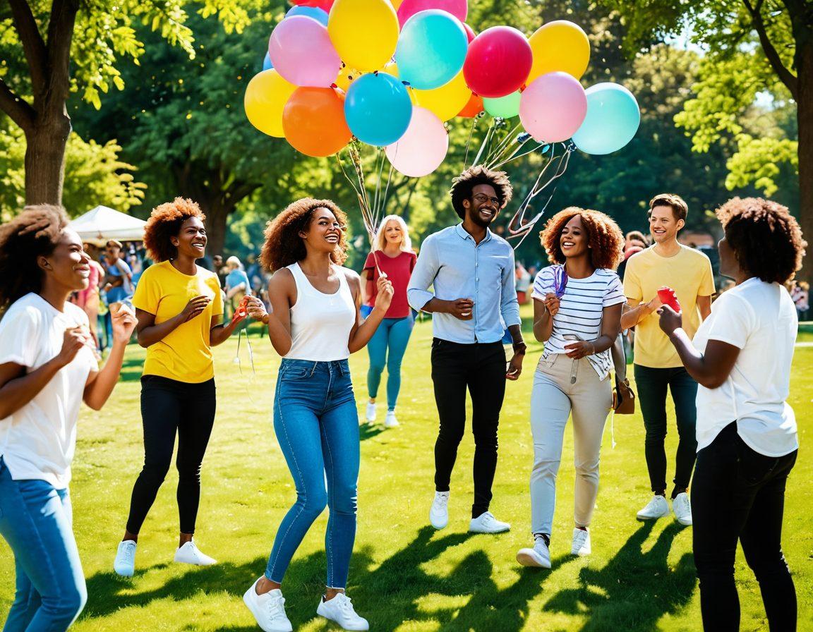 A diverse group of people engaging in joyful activities within a sunny park, surrounded by colorful flowers and bright balloons. Some individuals are laughing and sharing stories, while others are collaborating on a creative project, showcasing teamwork and support. The scene conveys a sense of community and positivity, with warm sunlight enhancing the cheerful atmosphere. vibrant colors. super-realistic.