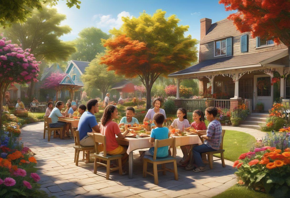 A vibrant community scene depicting diverse neighbors joyfully interacting, sharing meals, and engaging in activities like gardening and laughter. Include a backdrop of a sunny park with colorful flowers and children playing, symbolizing joy and trust. Showcase a mix of cultural elements like different cuisines and decorations, emphasizing unity in diversity. super-realistic. vibrant colors. warm and inviting atmosphere.