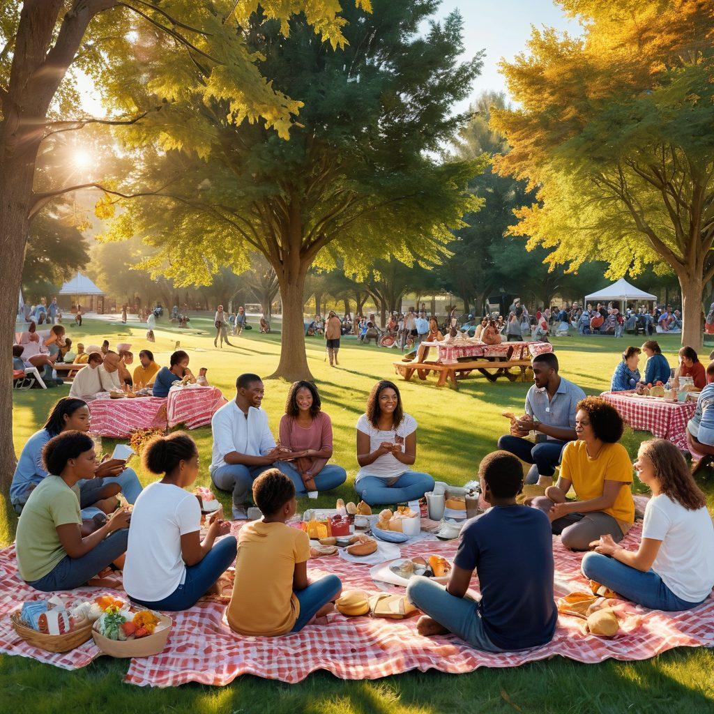 A cozy community gathering in a sunlit park, with diverse people smiling, sharing food, and engaging in friendly conversations. Flowers in bloom around picnic blankets, children playing nearby, and a warm sunset casting a golden glow. Add elements of laughter and connection through sharing activities like music and art. The scene embodies warmth and togetherness. super-realistic. vibrant colors. natural setting.